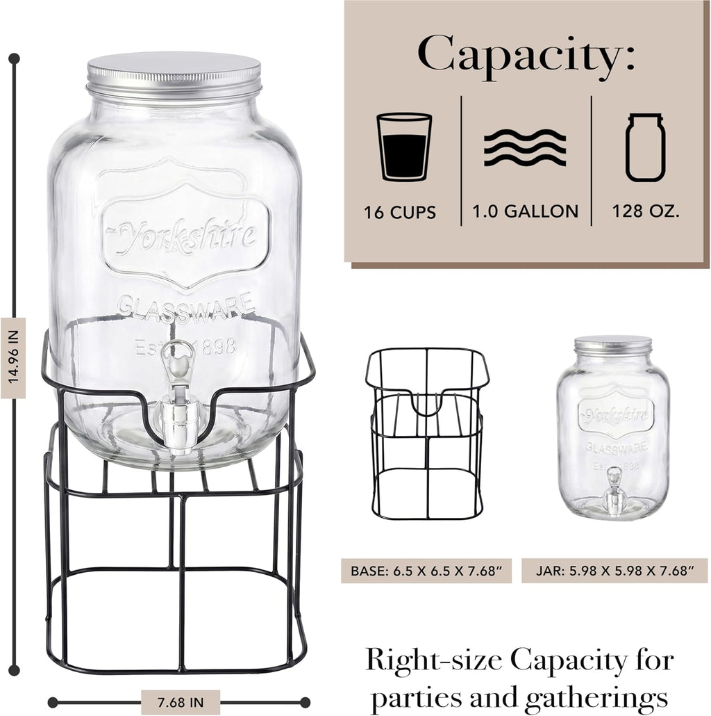 Mason Jar Glass Beverage Dispenser Sun Tea w/Metal Stand, 1 Gal
