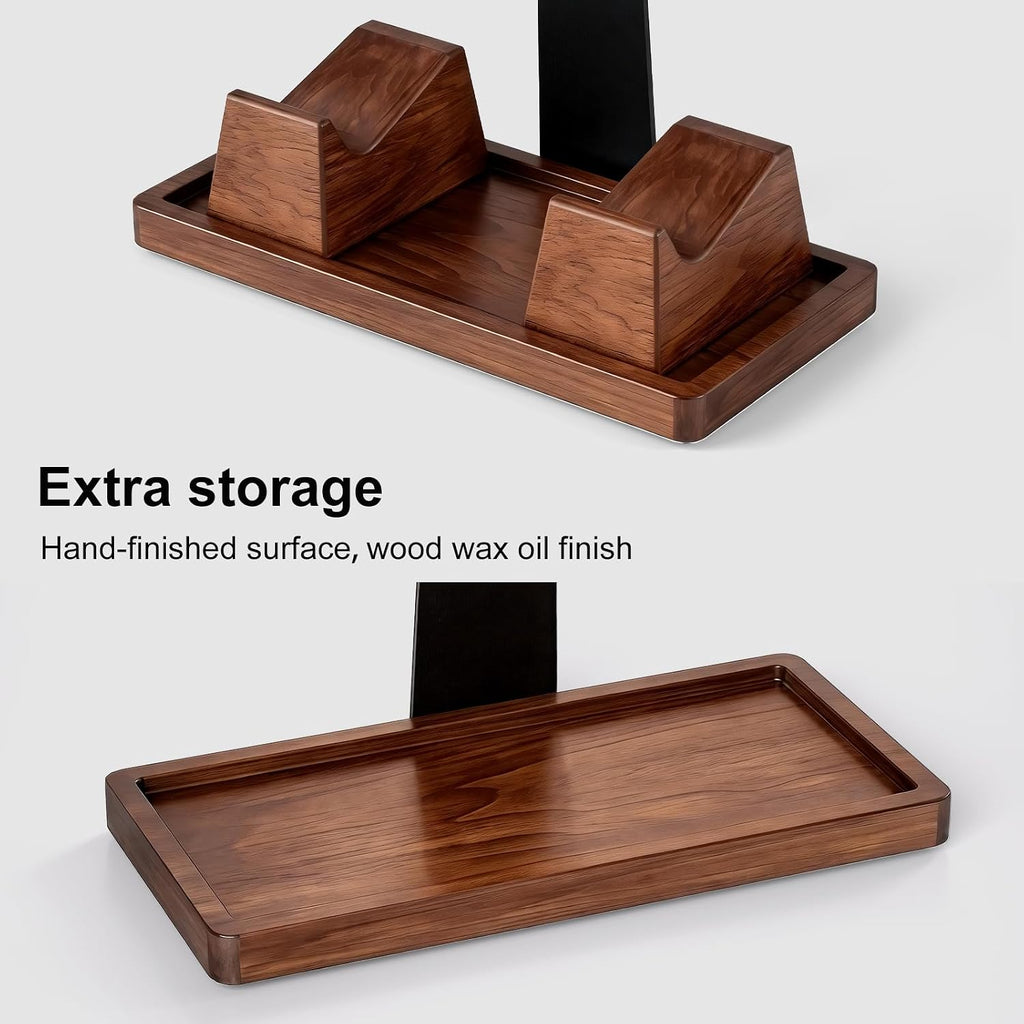 Headphone and Headset Stand with Controller Holders for Gaming Desk | Solid Wood, Holds 2 Controllers, Storage Tray