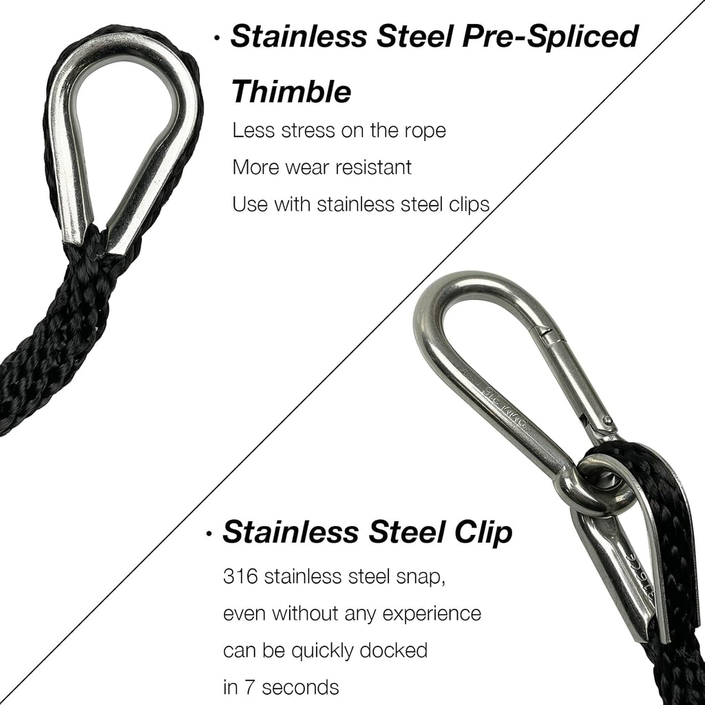 50 Feet Double Braided Nylon Boat Anchor Rope 3/8inch with 316 Stainless Steel Thimble and Heavy Duty Snap Hook