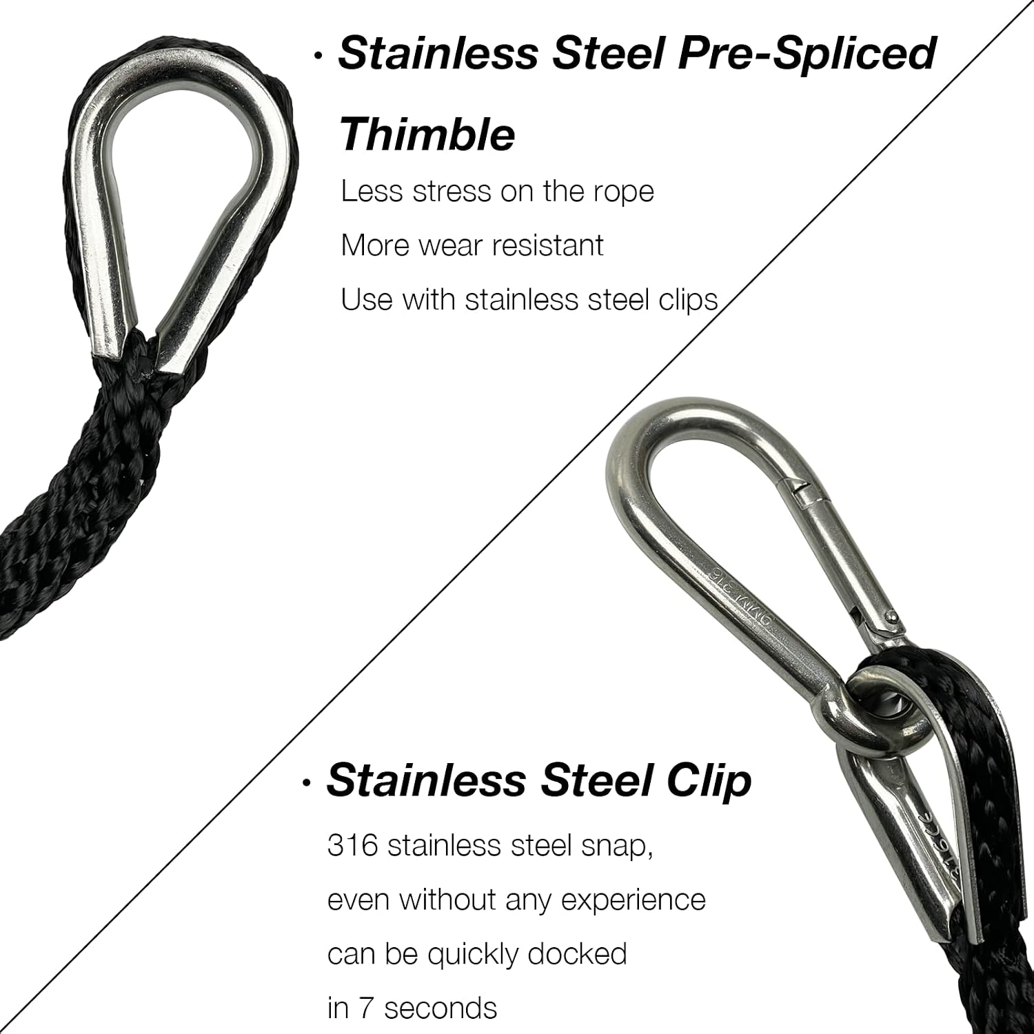 50 Feet Double Braided Nylon Boat Anchor Rope 3/8inch with 316 Stainless Steel Thimble and Heavy Duty Snap Hook