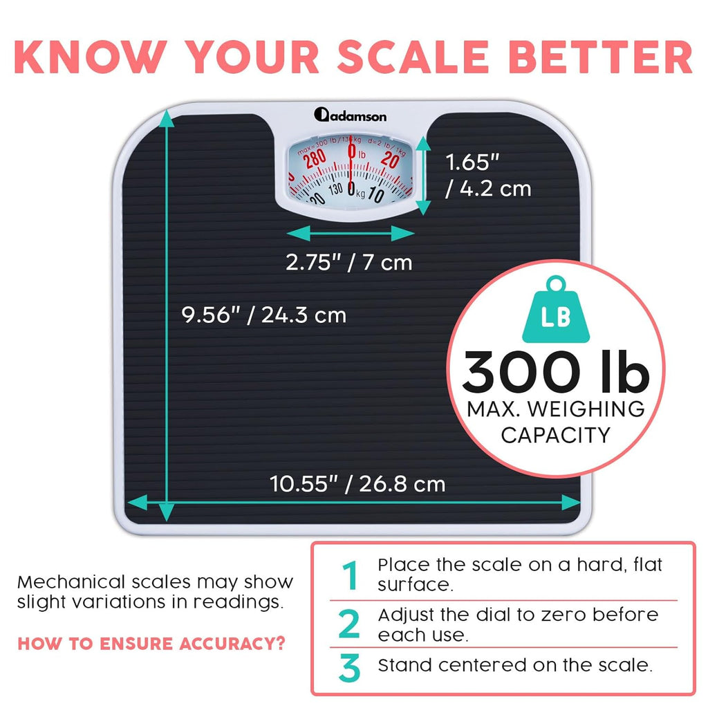 A21 Analog Scales for Body Weight - Up to 300 LB - New - Anti-Skid Rubber Surface + Large Numbers - Analog Bathroom
