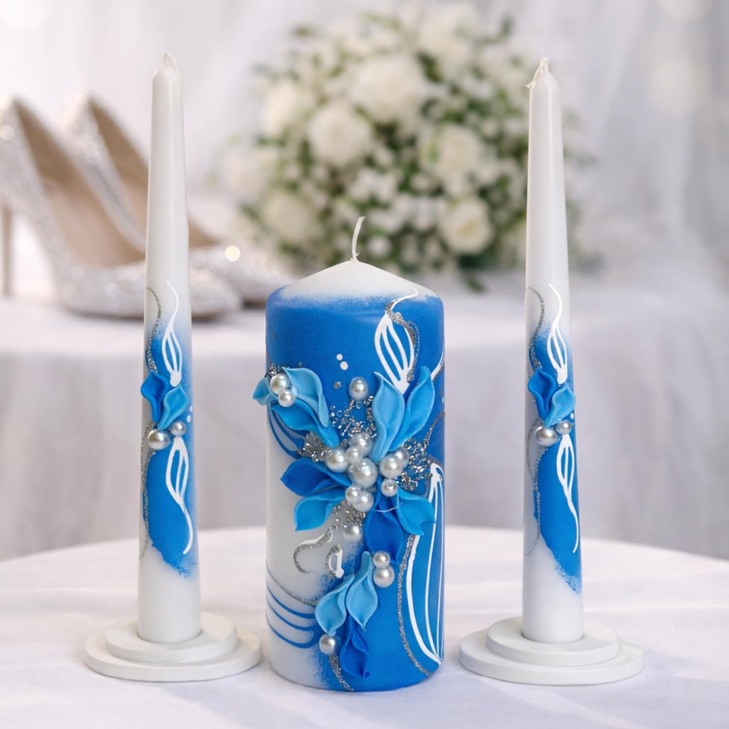 Sapphire Bloom Unity Candle Set for Wedding Ceremony& Reception, Blue & White Handmade Wedding Candles, Unscented 6"