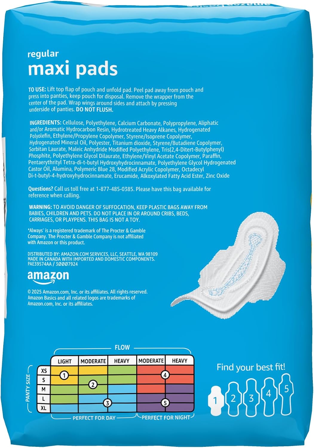 Thick Maxi Pads with Wings for Periods, Regular Absorbency, Feminine Pads, Unscented, Size 1, 144 Count