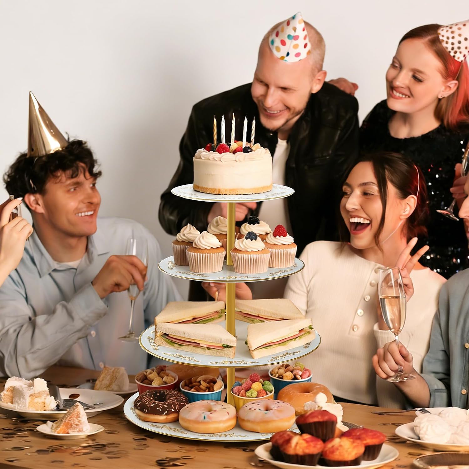 4-Tier Cupcake Stand Tower, British Style Porcelain Tiered Tray with Golden Trim & Pattern, Food Grade Dessert