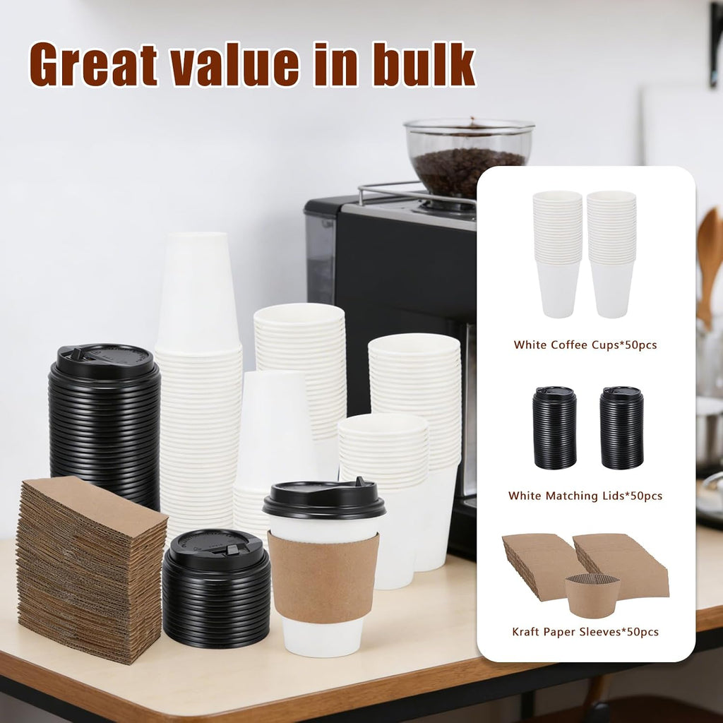 Coffee Cups, 50 Pack 12 oz Disposable Coffee Cups with Lids | and Sleeves Leak-proof & Sturdy Thick Paper, To Go Hot