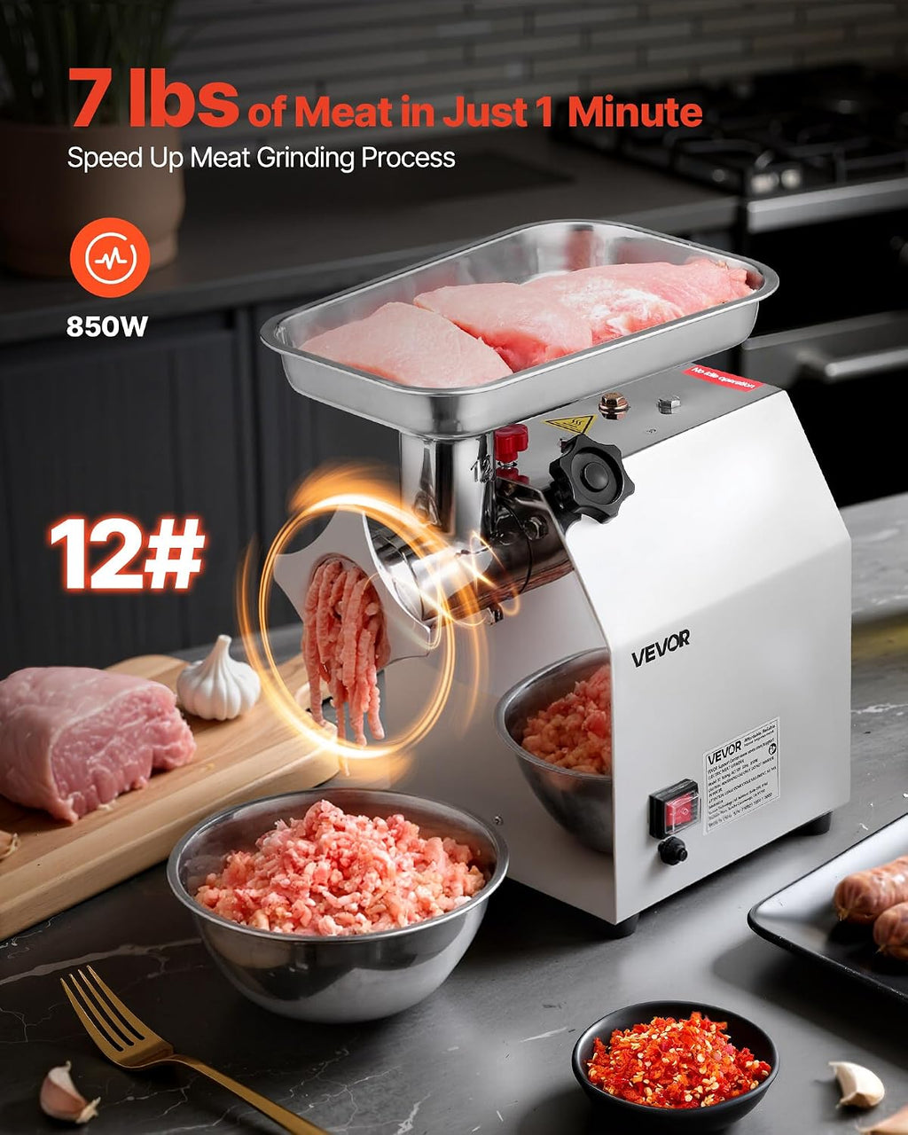Commercial Electric Meat Grinder, 7 lbs/min Capacity, #12 Industrial Meat Mincer with 2 Stainless Steel Blades, 2