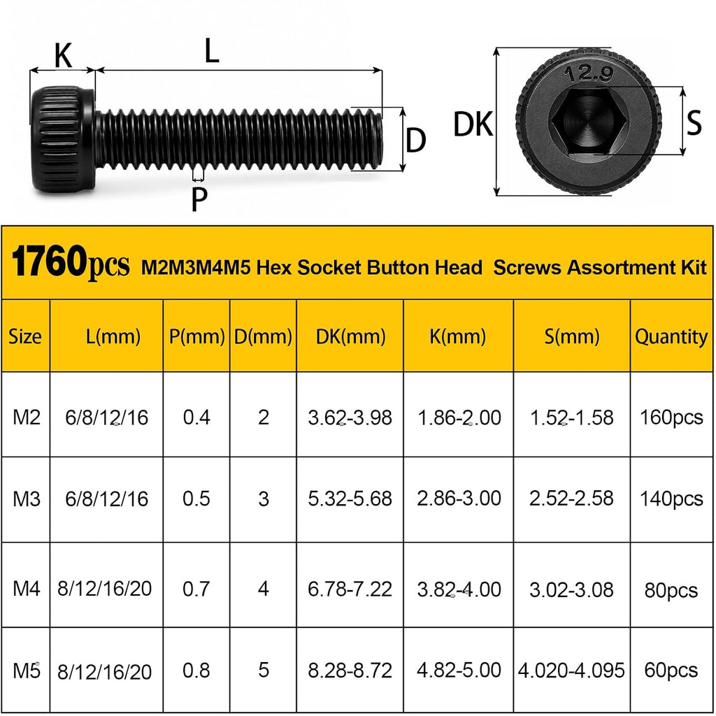 1760PCS M2 M3 M4 M5 Metric Hex Socket Head Screws Assortment Kit