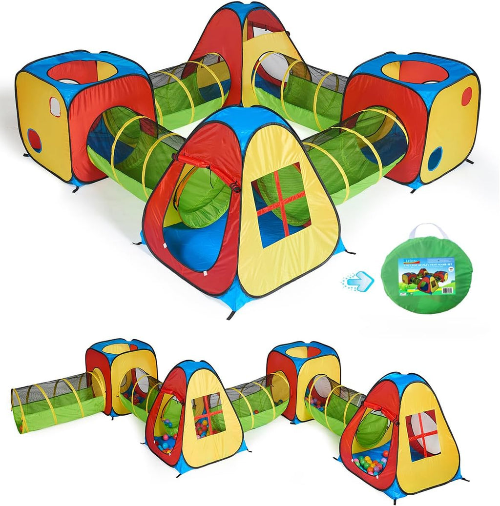 8 in 1 Pop Up Kids Play Tent with 4 Tunnel, Indoor/Outdoor Playhouse | Baby Tunnel, Tunnel Toys for Toddlers 1-3