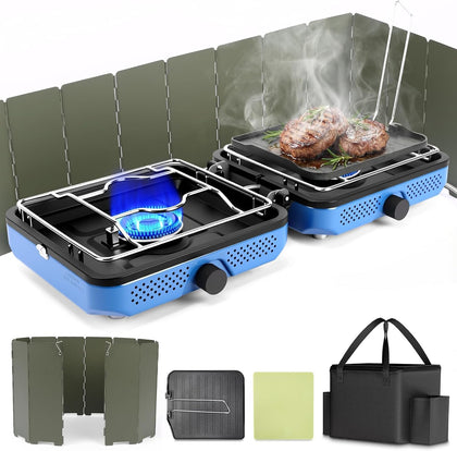 2 Burners Camping Stove with Windscreen for Camping,RV Essentials | 30,000 BTU Propane Camping Stove with Carry