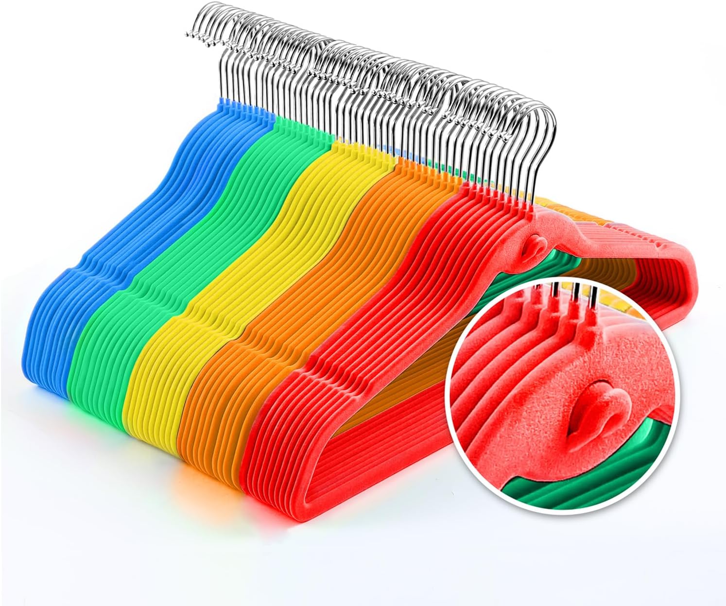 Multi-Color Premium Velvet Hangers with Mini Hooks, Pack of 50, Non Slip, Space Saving Cascading Clothes Hangers