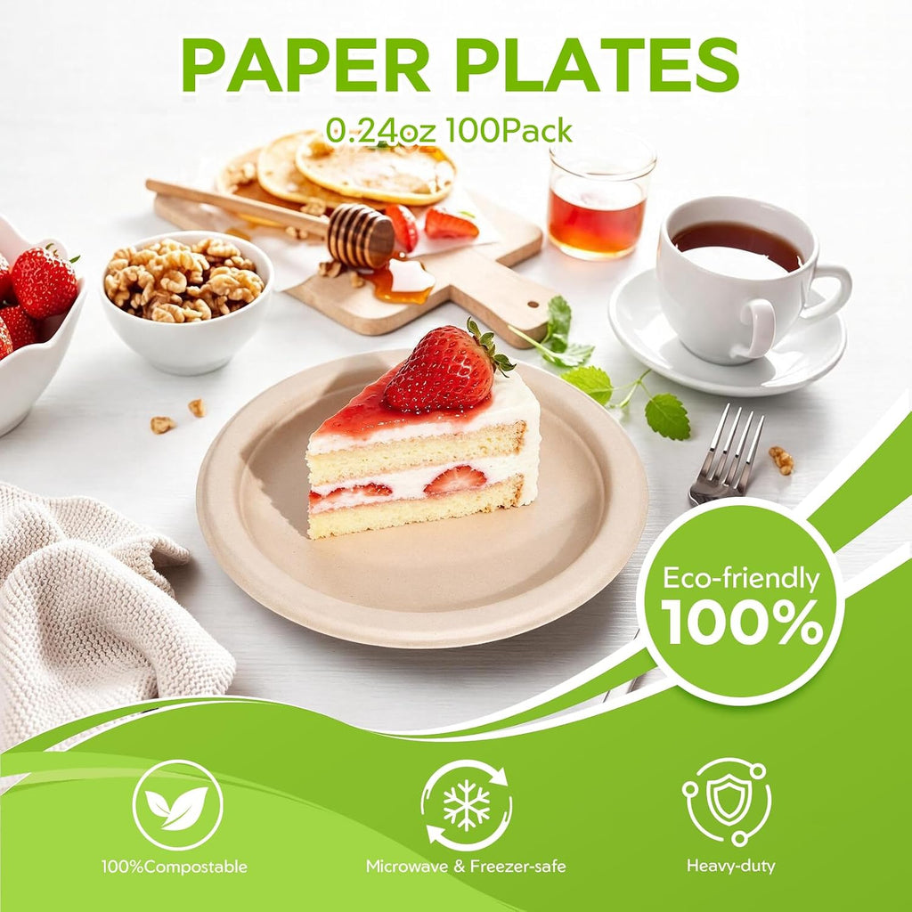 Disposable Compostable Paper Plates 6" - Small Dessert Plates 100 Count