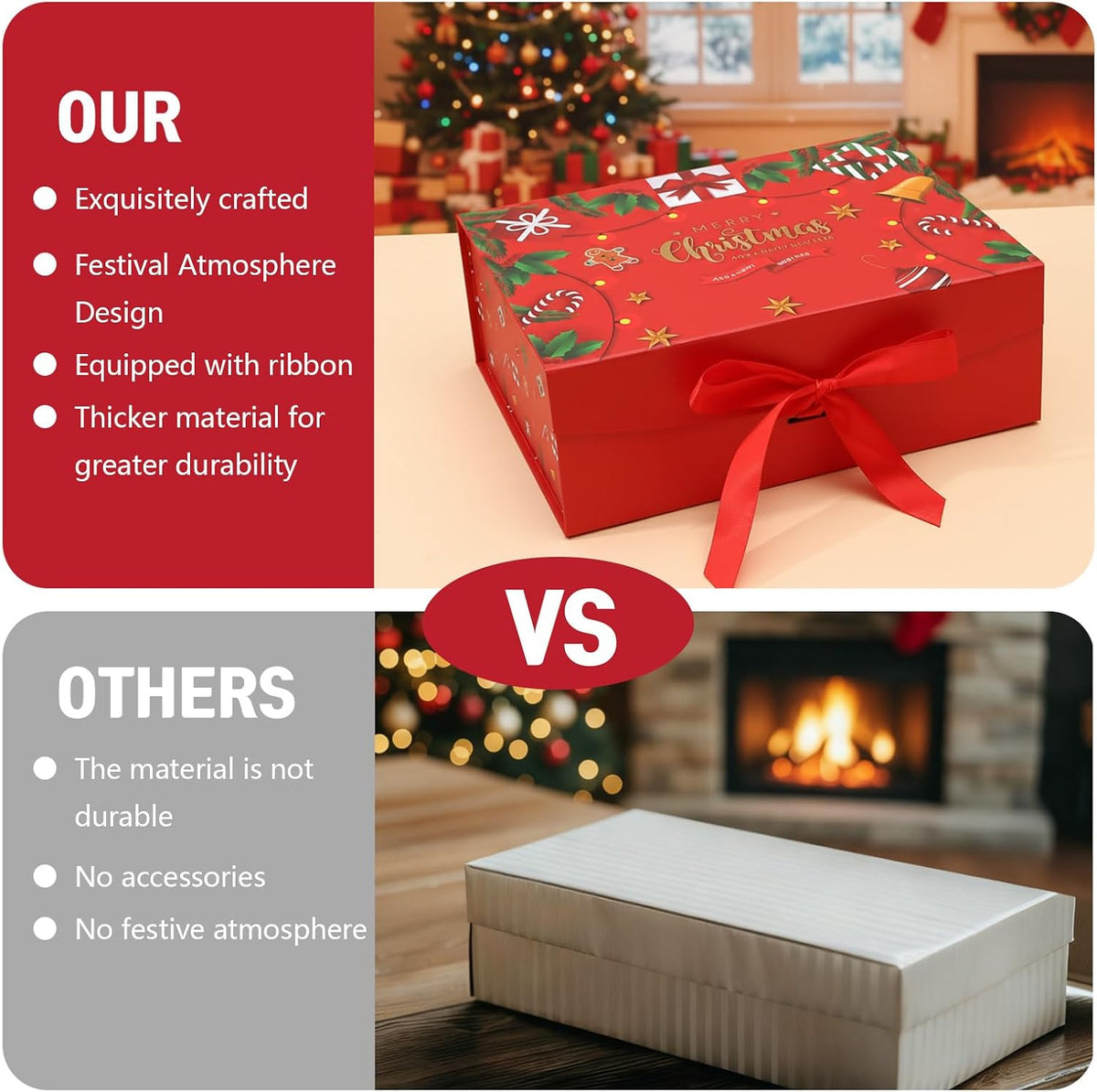 Christmas Magnetic Gift Boxes with Lids, Collapsible Hardboard Gift Packaging, Red & Green Holiday Boxes for