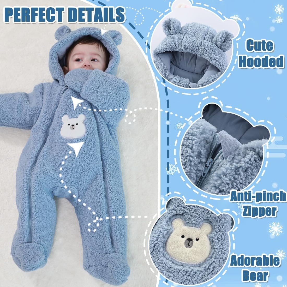Newborn Baby Winter Snowsuit Bear Thick Romper Footie Double Zip Hooded Jumpsuit Fleece Coat Infant Boy Girl 0-12M