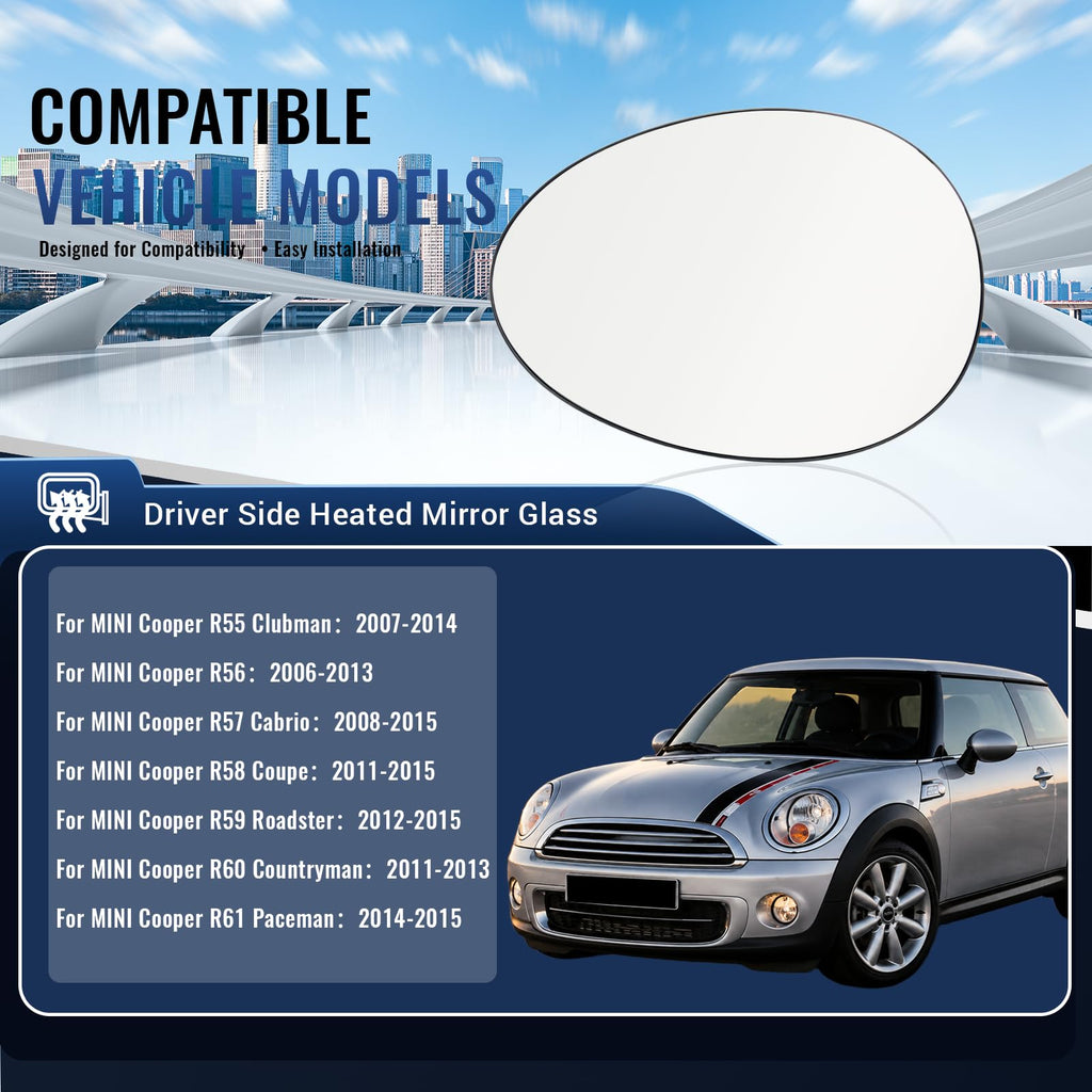 Left Driver Side Mirror Glass Replacement for 2007-2015 Mini Cooper