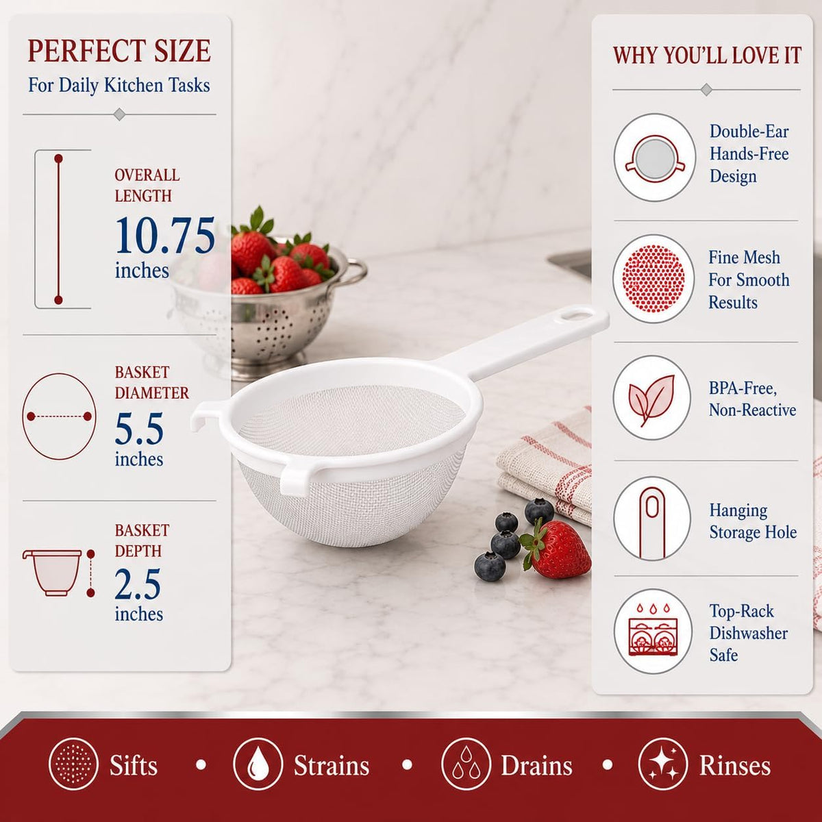 HIC Kitchen Double-Ear Fine Mesh Strainer, 5.5-Inch, BPA Free, Non Reactive