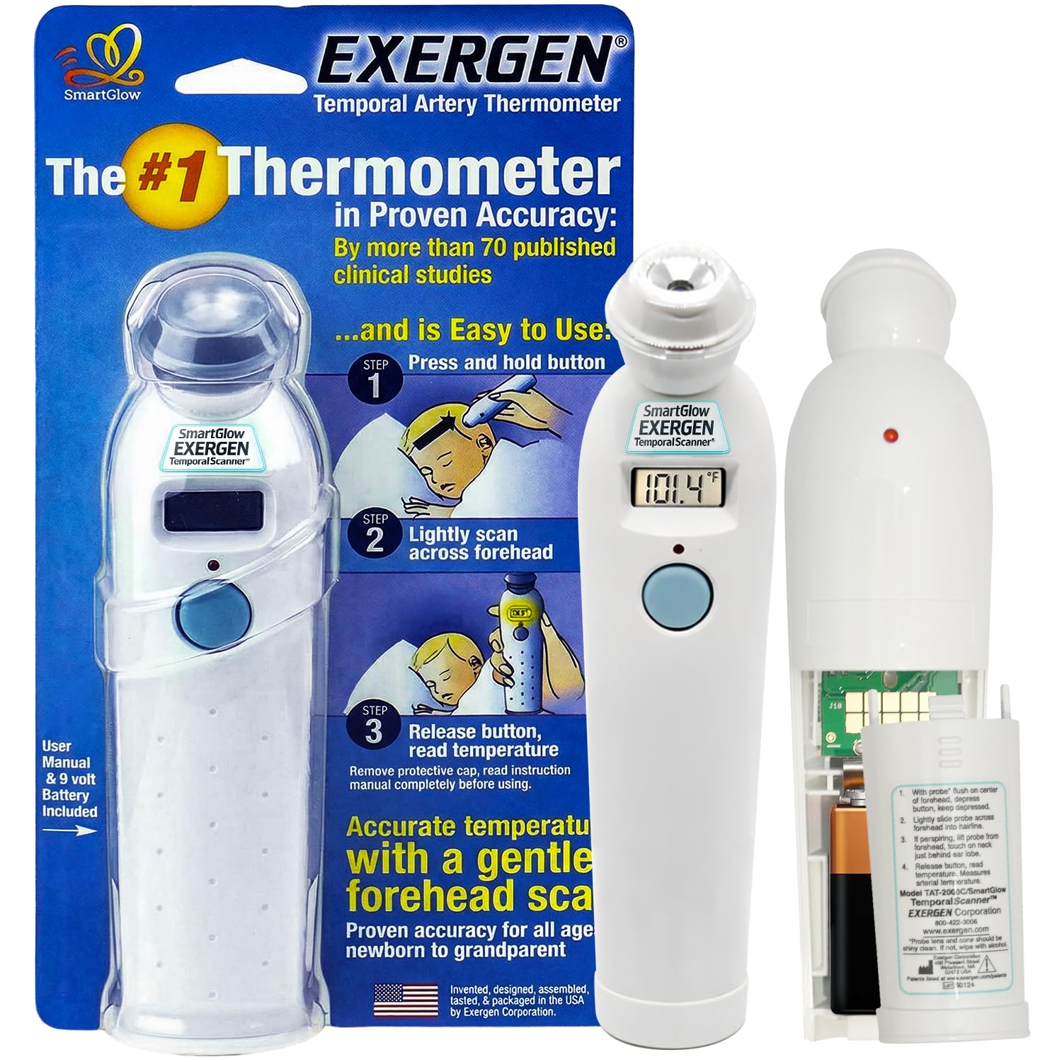 TAT-2000C Temporal Artery Thermometer for Kids, Newborns & Adults, Soft Glow Display, Silent Mode, 9V Battery Included