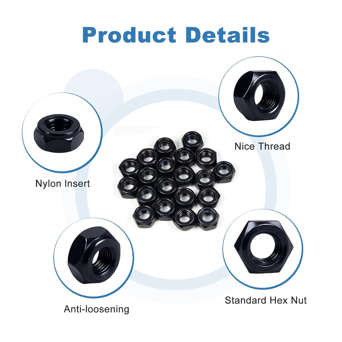 50Pcs M8 x 1.25mm Carbon Steel Hex Lock Nuts, Nylon Insert Self-Locking Nut