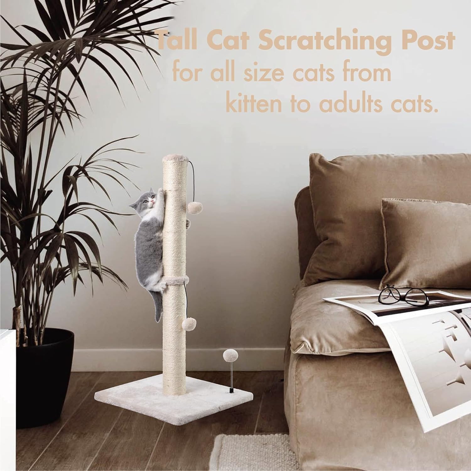 34” Tall Cat Scratching Post Premium Basics Kitten Scratcher Sisal Scratch Posts Trees with Hanging Ball for Indoor