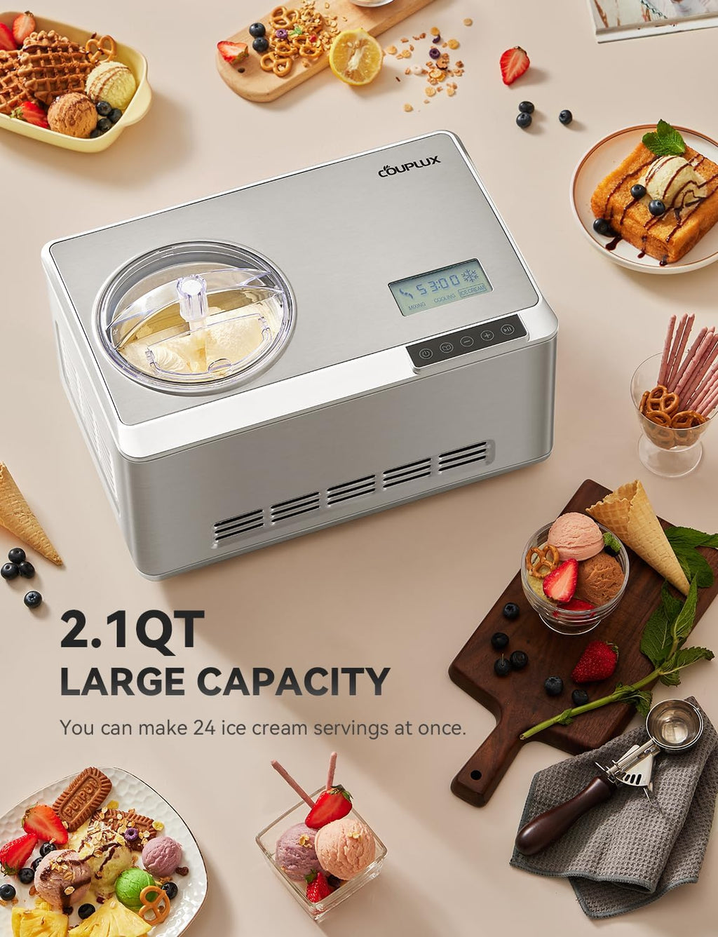 Fastest Freezing Ice Cream Maker, with Built-in Compressor 2.1QT