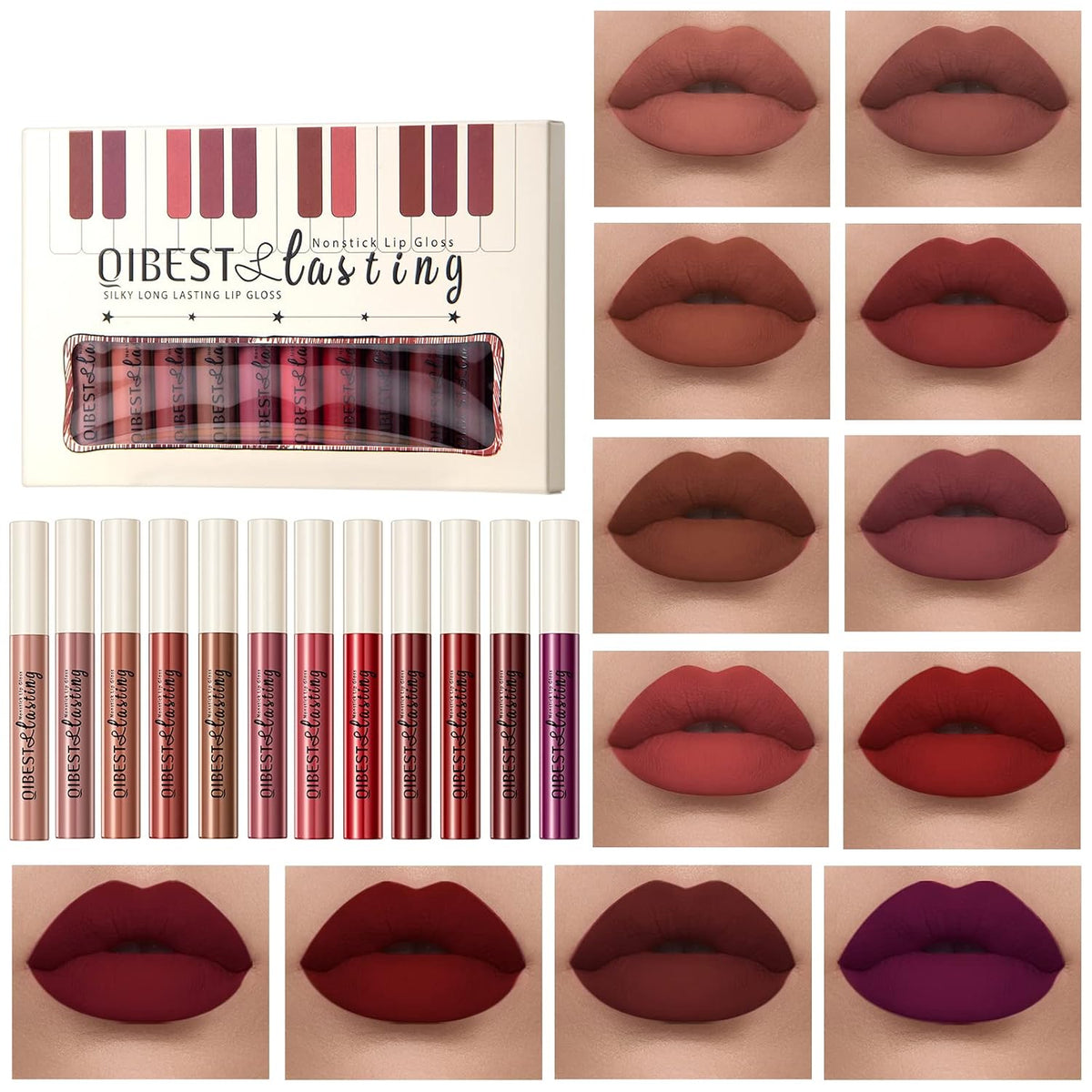 Matte Liquid Lipstick Set - 12 Pcs Long Lasting & Waterproof Lipstick Kit, Non Transfer Lip Stain with Nude, Dark Red