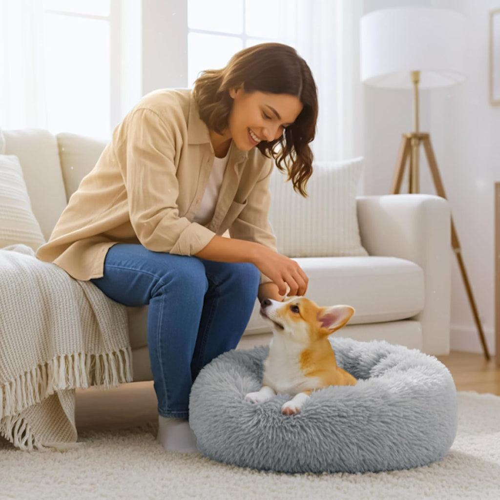 Calming Donut Dog and Cat Bed for Indoor Cats, Anti-Anxiety Round Fluffy Soft Washable Small Pet Bed for Puppy and