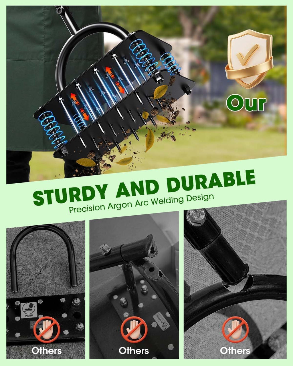 Lawn Aerator Tool - 16 Iron Spikes with Ergonomic T-Handle, Automatic Dirt Clean for Soil Loosening & Yard Aeration