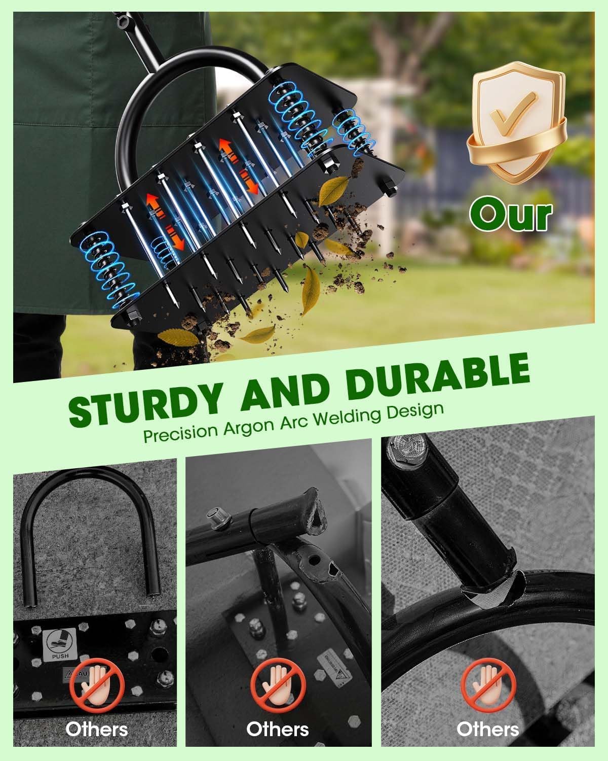 Lawn Aerator Tool - 16 Iron Spikes with Ergonomic T-Handle, Automatic Dirt Clean for Soil Loosening & Yard Aeration