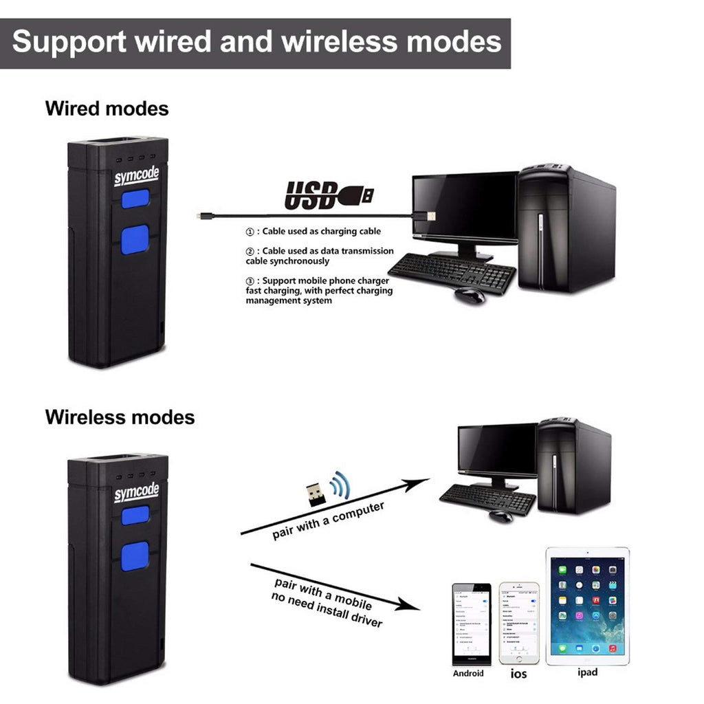Bluetooth Wireless Barcode Scanner,Compatible with Bluetooth Function & 2.4GHz Wireless, Portable Barcode Reader Work