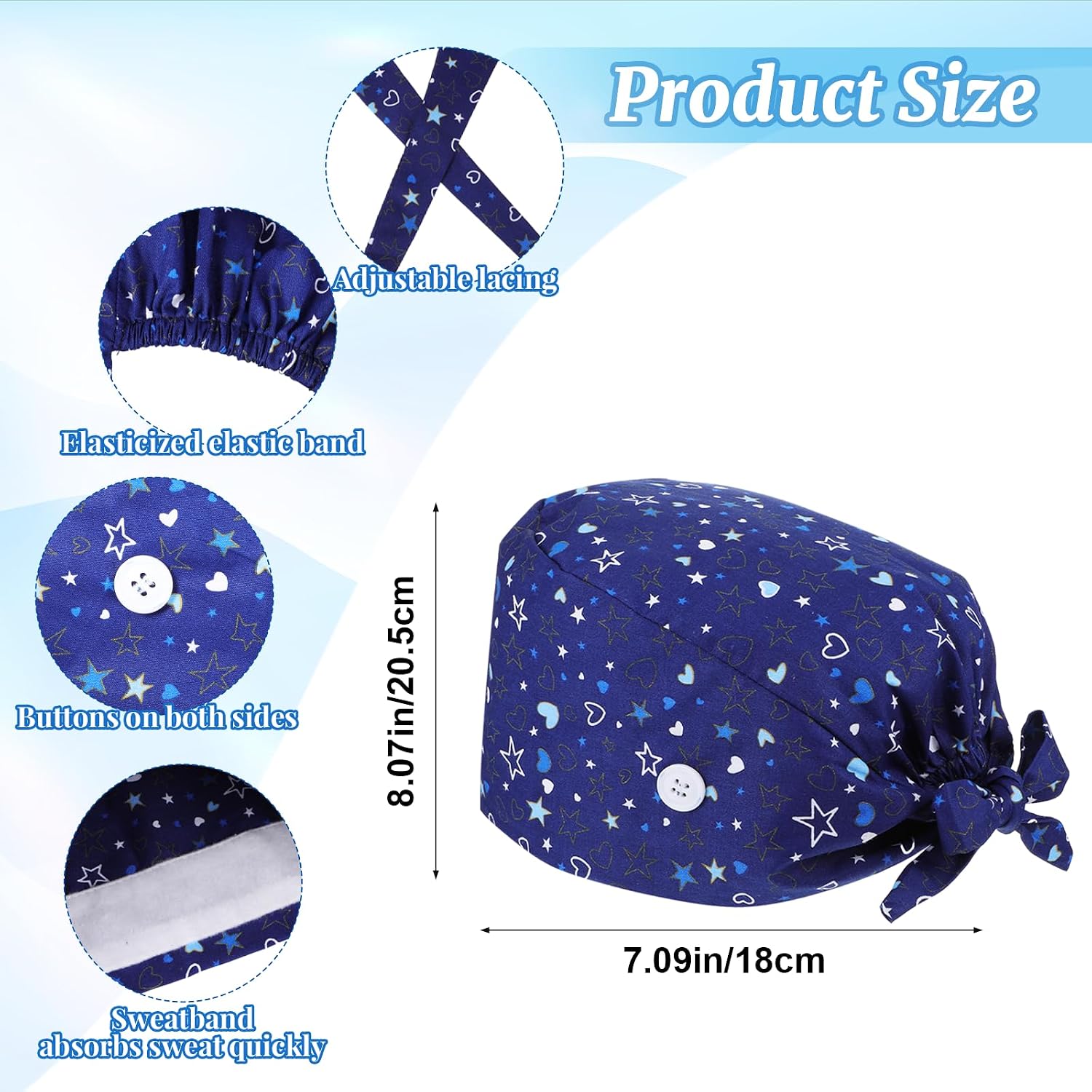 Heclia 2PCS Women Nurse Caps, Elastic Tie Back Scrub Cap, Nursing Working Caps with Adjustable Elastic Sweatband