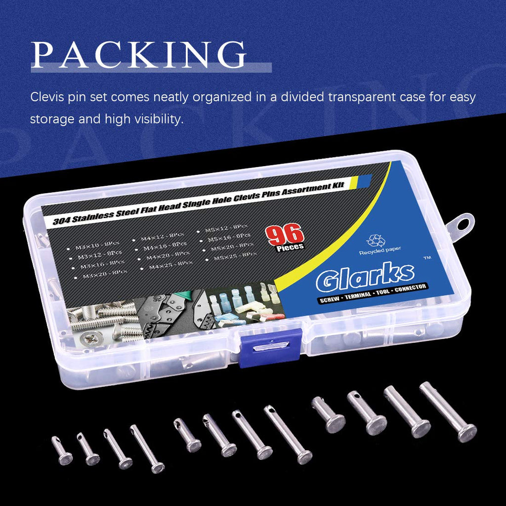 Glarks 64Pcs 12 Sizes 304 Stainless Steel Flat Head Single Hole Clevis Pins Assortment Kit