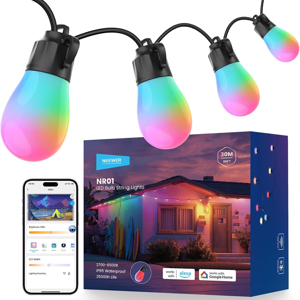 96ft Outdoor String Lights, App Control Smart AI RGB IC W Hanging Outside Warm White Patio Balcony Backyard Lighting
