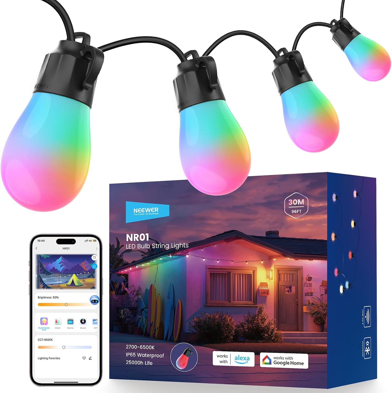 96ft Outdoor String Lights, App Control Smart AI RGB IC W Hanging Outside Warm White Patio Balcony Backyard Lighting