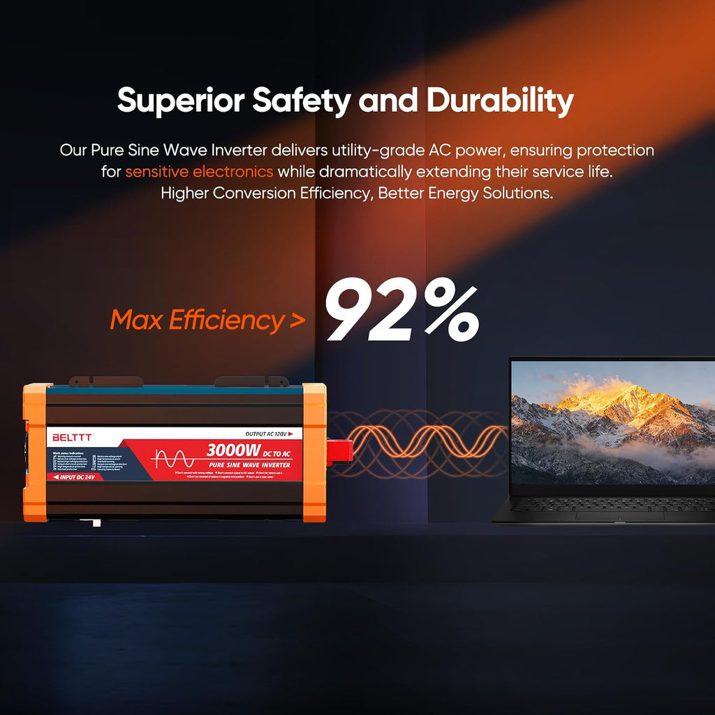 3000W 24V Inverter Pure Sine Wave Inverter 24V DC to 110V/120V AC | LCD Display, Dual AC, 20A Outlets, Hardwire Port