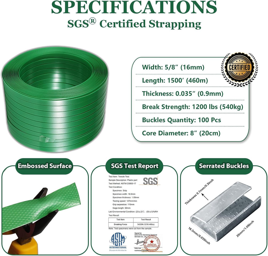 Packaging Strapping, Pallet Straps, Banding Strap (5/8" x 1500 ft x 0.035" PET Polyester Coil Roll and 100 Buckles)