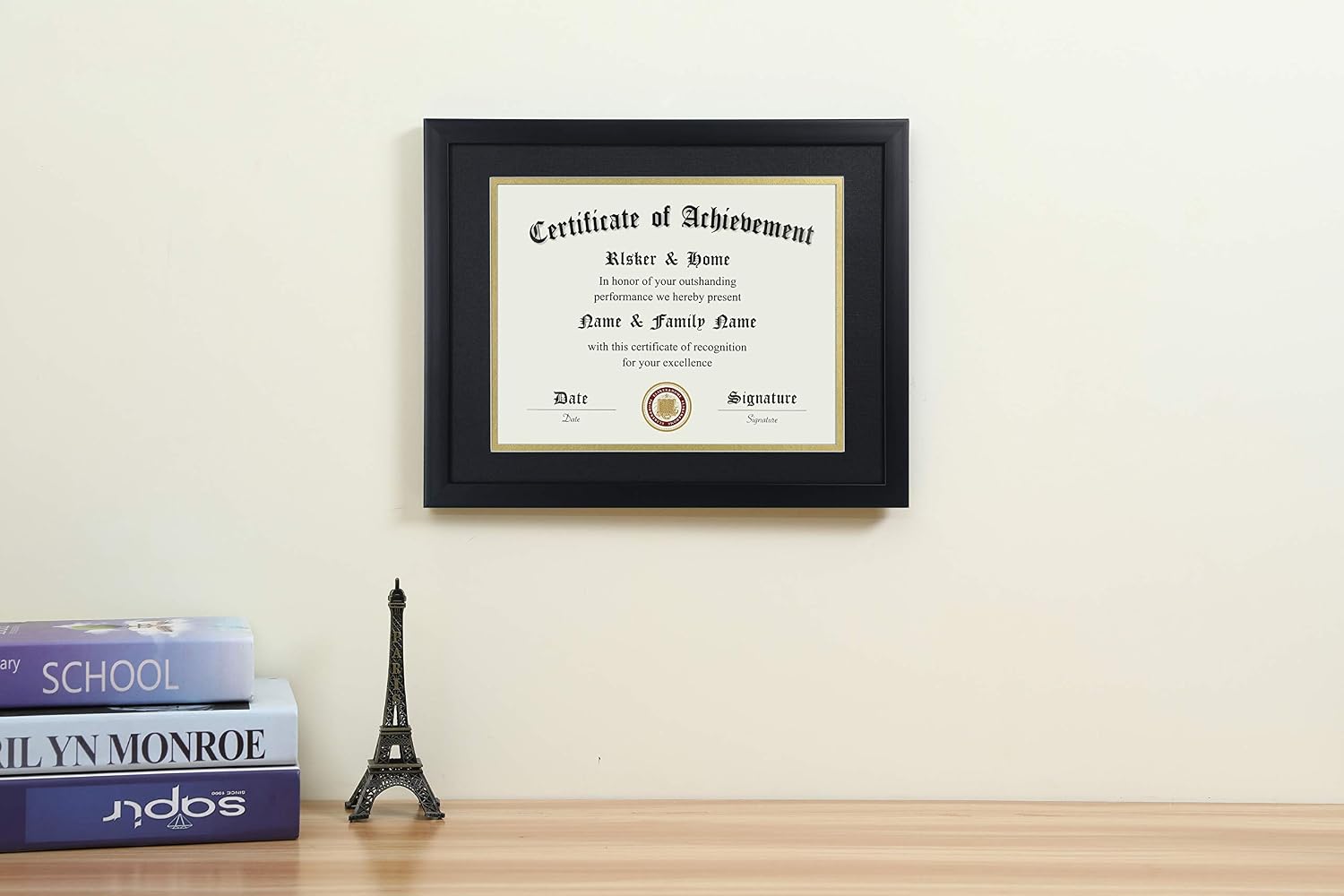 8.5x11 Certificate Frame Black with Black Mat Gold Rim | Displays Diploma 8.5x11 Inch with Mat - 11x14 Inch Without