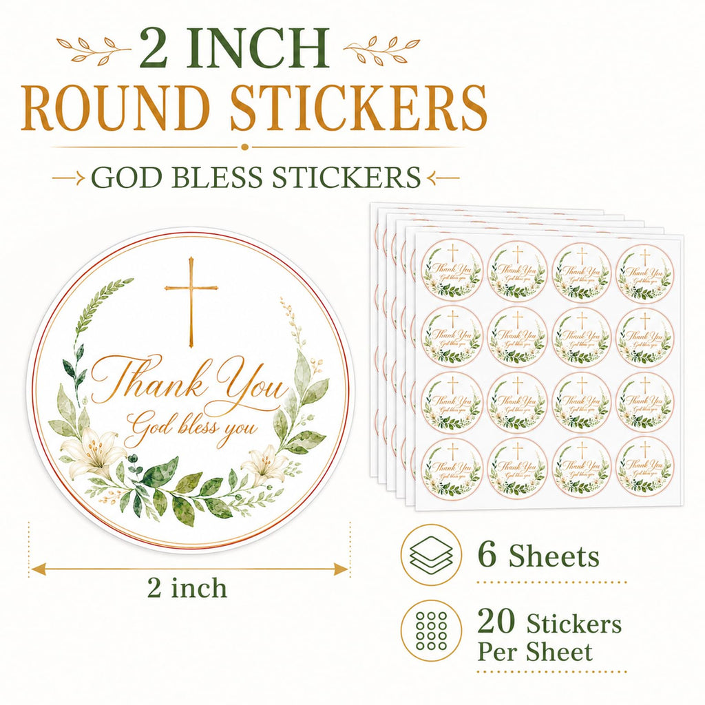 120 Pcs Christian Thank You Stickers, 2 Inch God Bless Labels