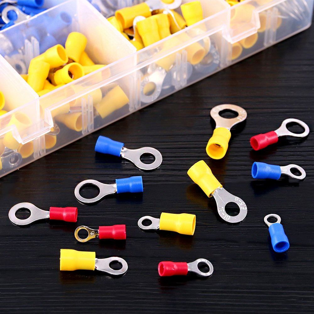 360pcs 22-16/16-14/12-10 Gauge Mixed Quick Disconnect Electrical Insulated M4 / 5/6 / 8 Ring Crimp Terminals