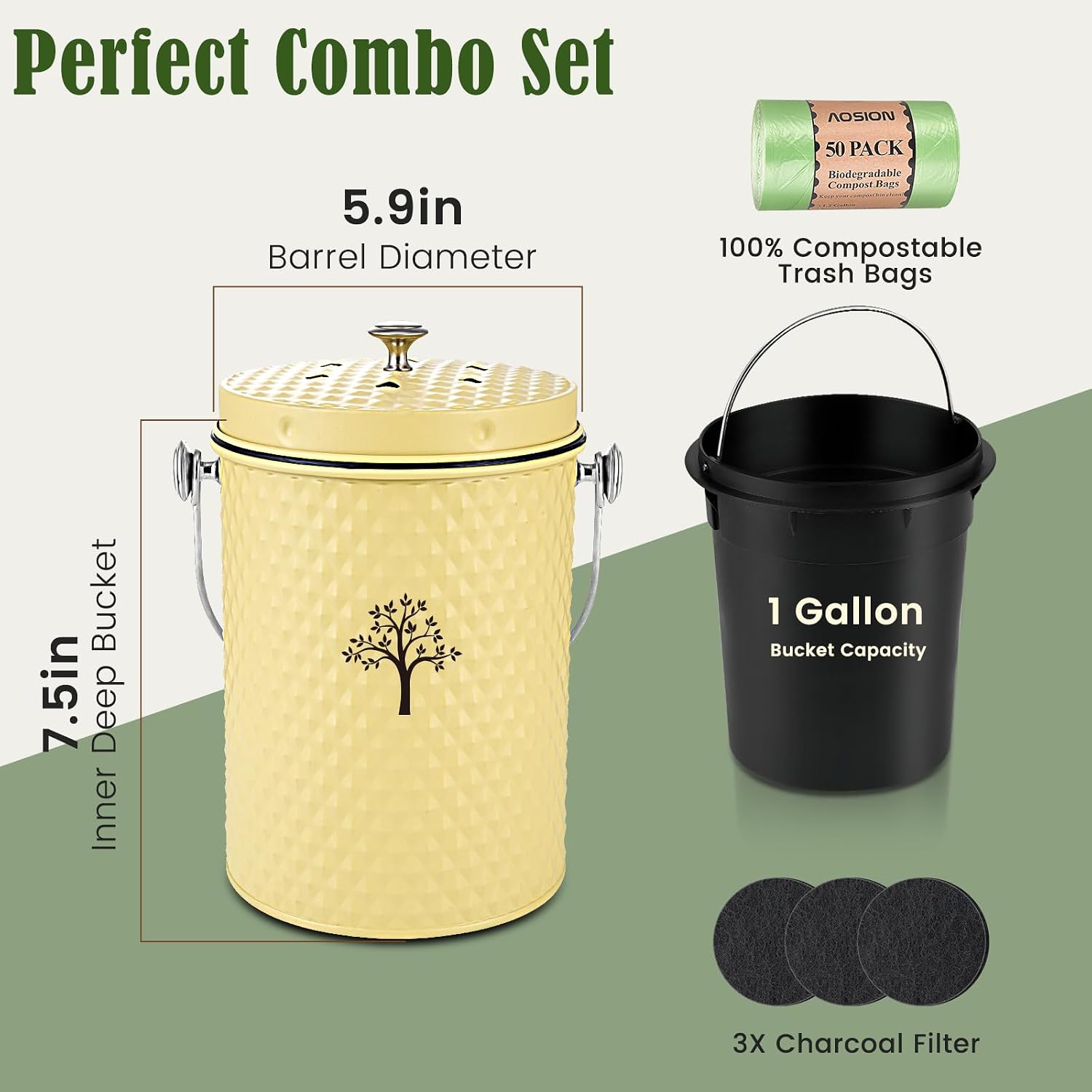 Countertop Kitchen Odorless Compost Bin with Removable Inner Bucket | 1 Gallon Composter Container,Includes 50