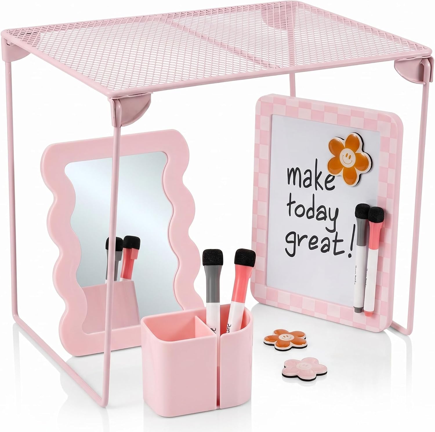 Stylish Locker Accessories Kit - Includes Shelf, Mirror, Whiteboard, Pen Holder, Cute Flower Magnets & Marker Set