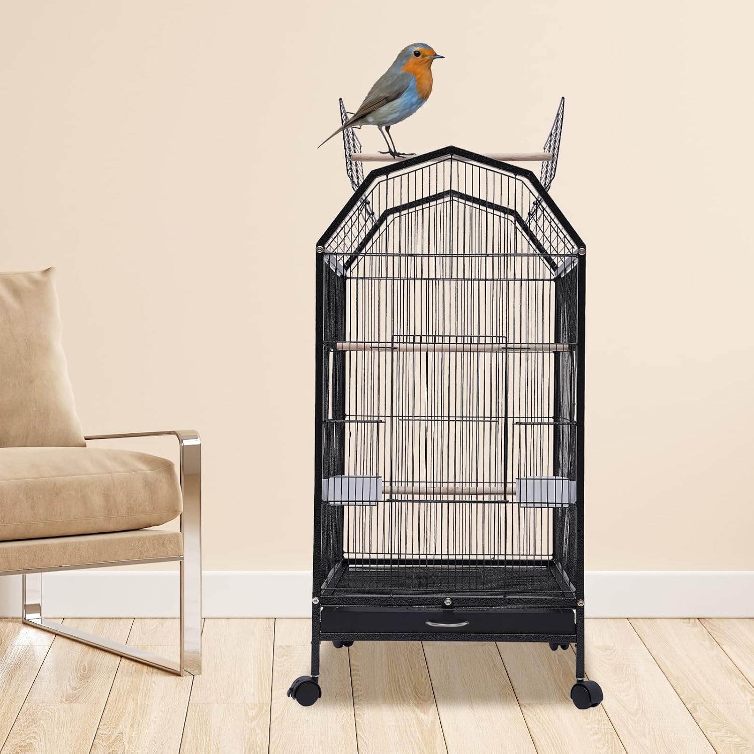39.9 Inch Bird Cage Parakeet Cage with Rolling Stand and Play Open Top Iron Bird Flight Cages for Parrot Lovebirds