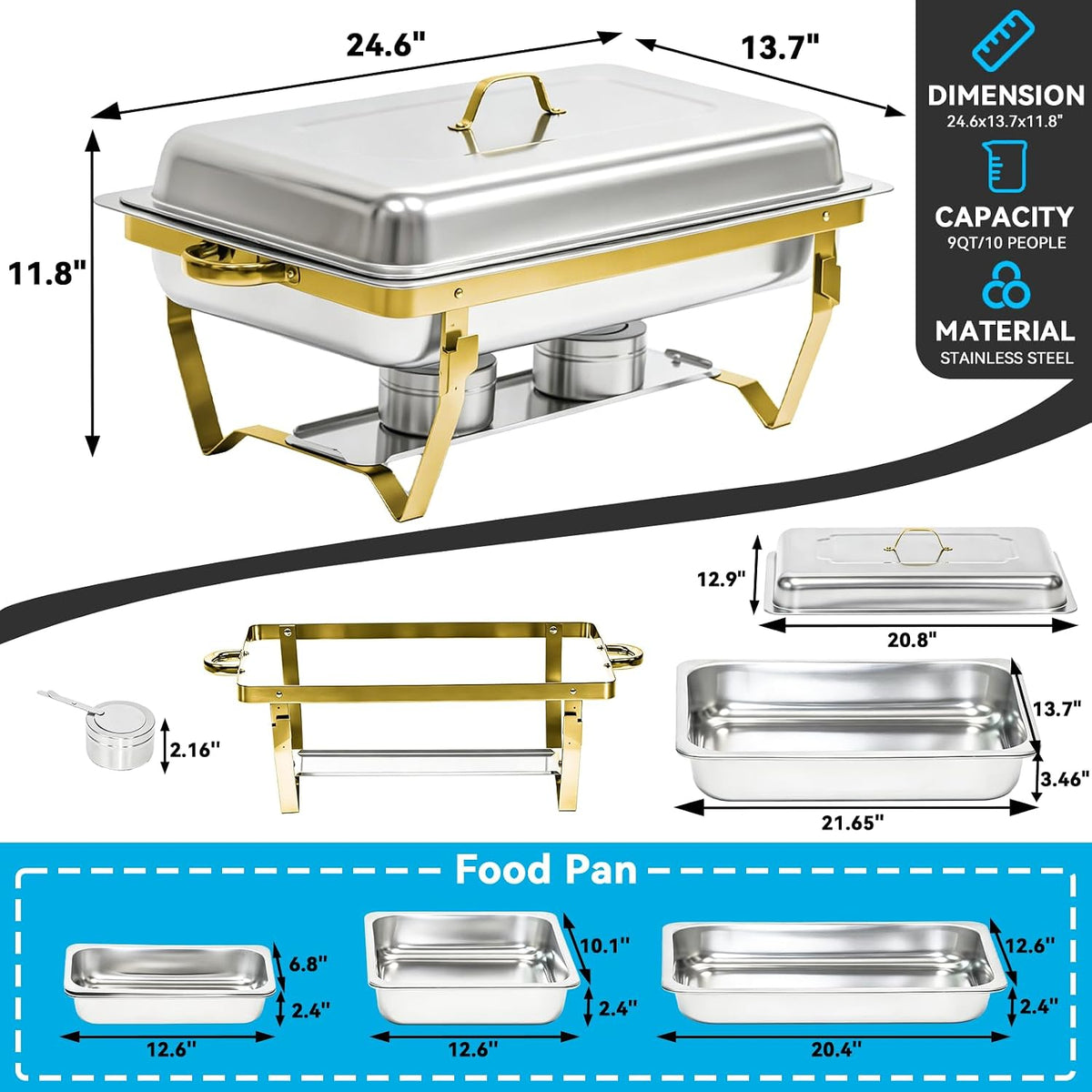 9QT Chafing Dishes for Buffet 4 Pack with 7 Multi-Size Food Pans