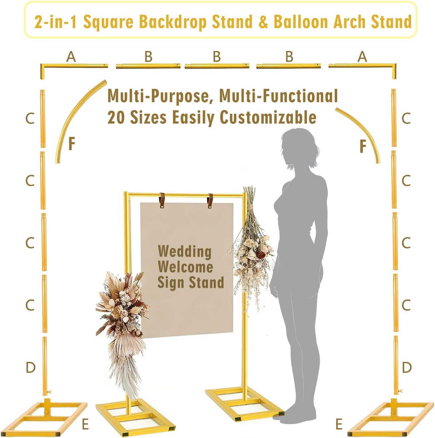 Square Balloon Arch Stand 6.6FT Metal Party Backdrop Stand 2-in-1 Dual-use