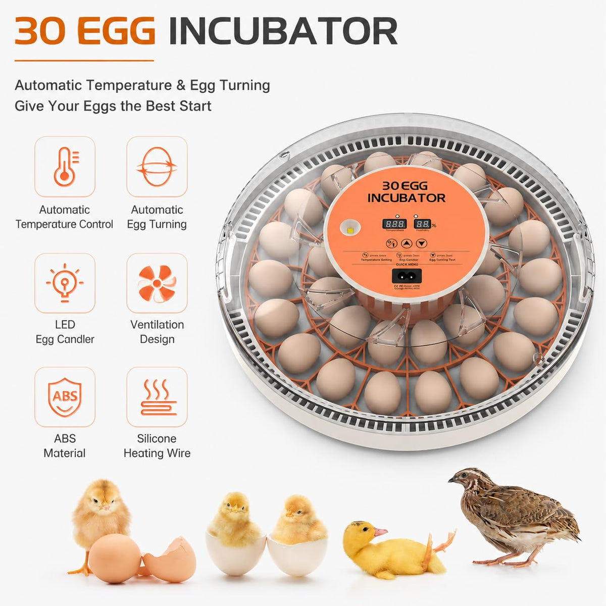30 Egg Incubator with Automatic Egg Turning, Temperature Control and Humidity Monitor Incubators for Hatching Eggs