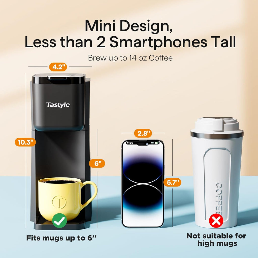 Mini Single Serve Hot and Iced Coffee Maker for K Cup and Ground | 6 to14 Oz Brew Sizes, with Recipe Book, for Home