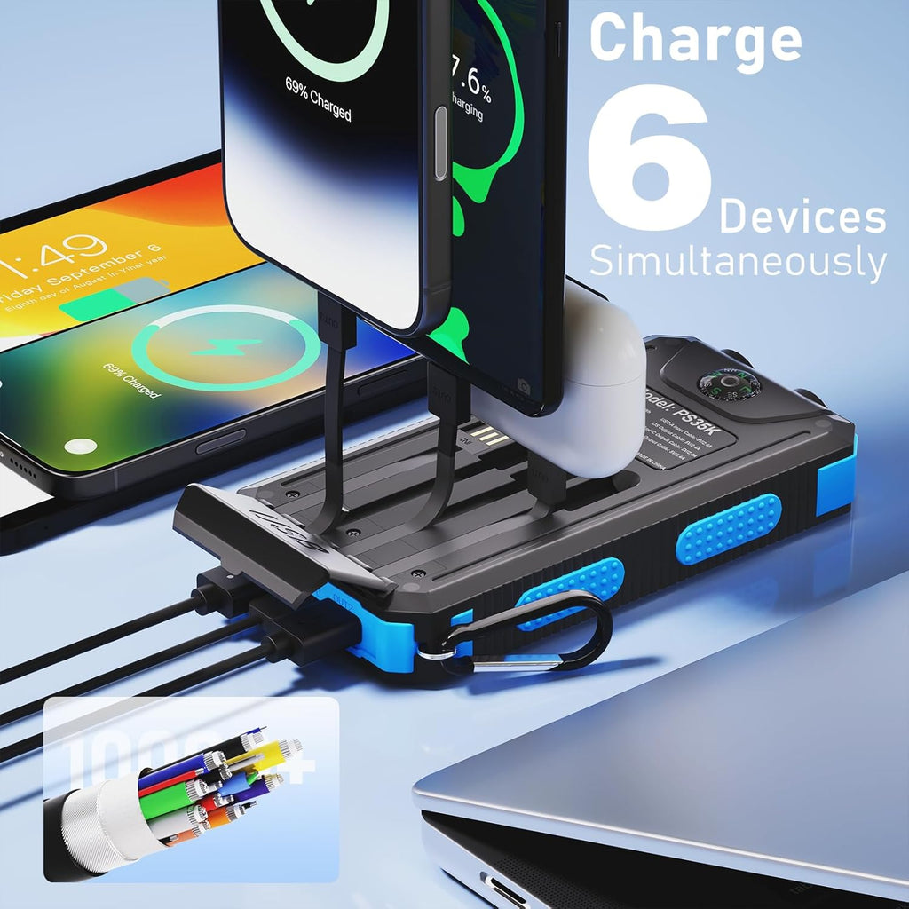 Solar Charger Power Bank 20,000mAh, Portable Charger, 4 Cables 3 Ports Fast Charging External Battery Pack with USB C
