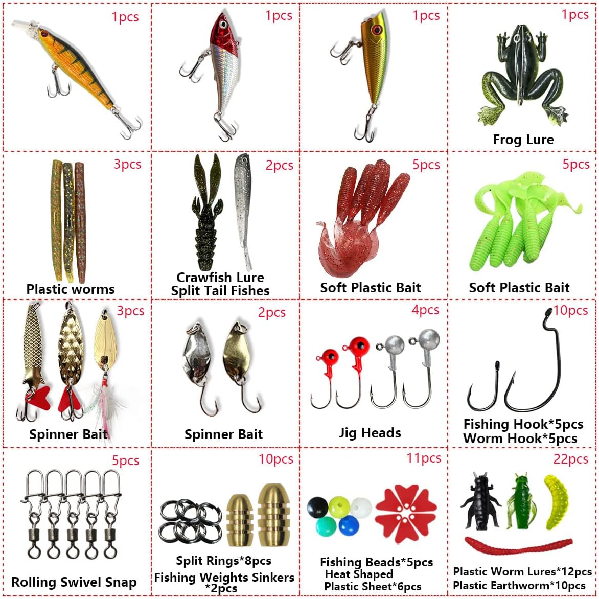 Fishing Lures Kit Set, Baits Tackle Including Crankbaits, Topwater Lures, Spinnerbaits, Worms, Jigs, Hooks, Tackle