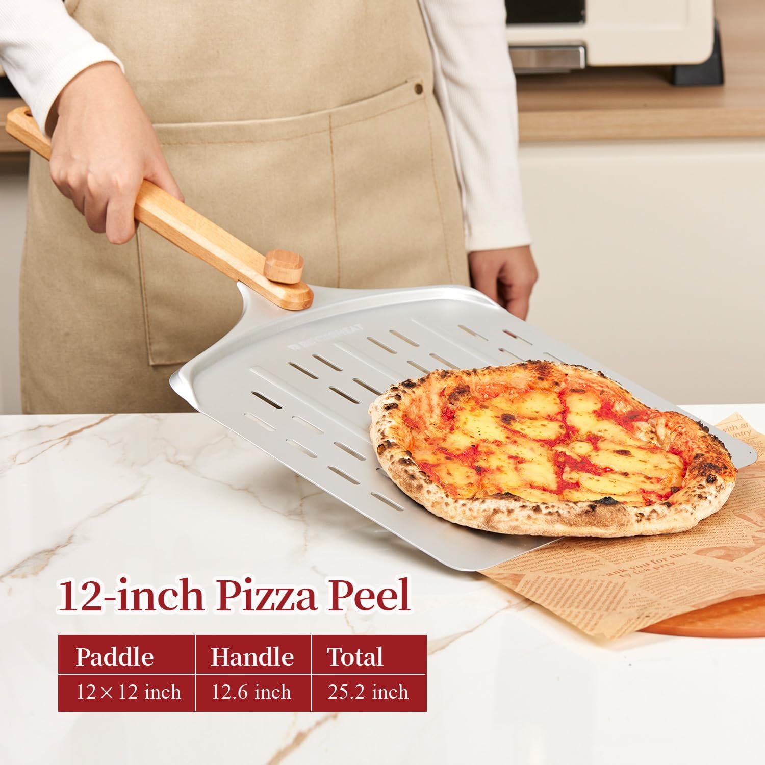 Pizza Cutter Rocker & 12 Inch Rotating Pizza Peel Set - Anodized Aluminum Peel with Wooden Handle, Includes Plastic