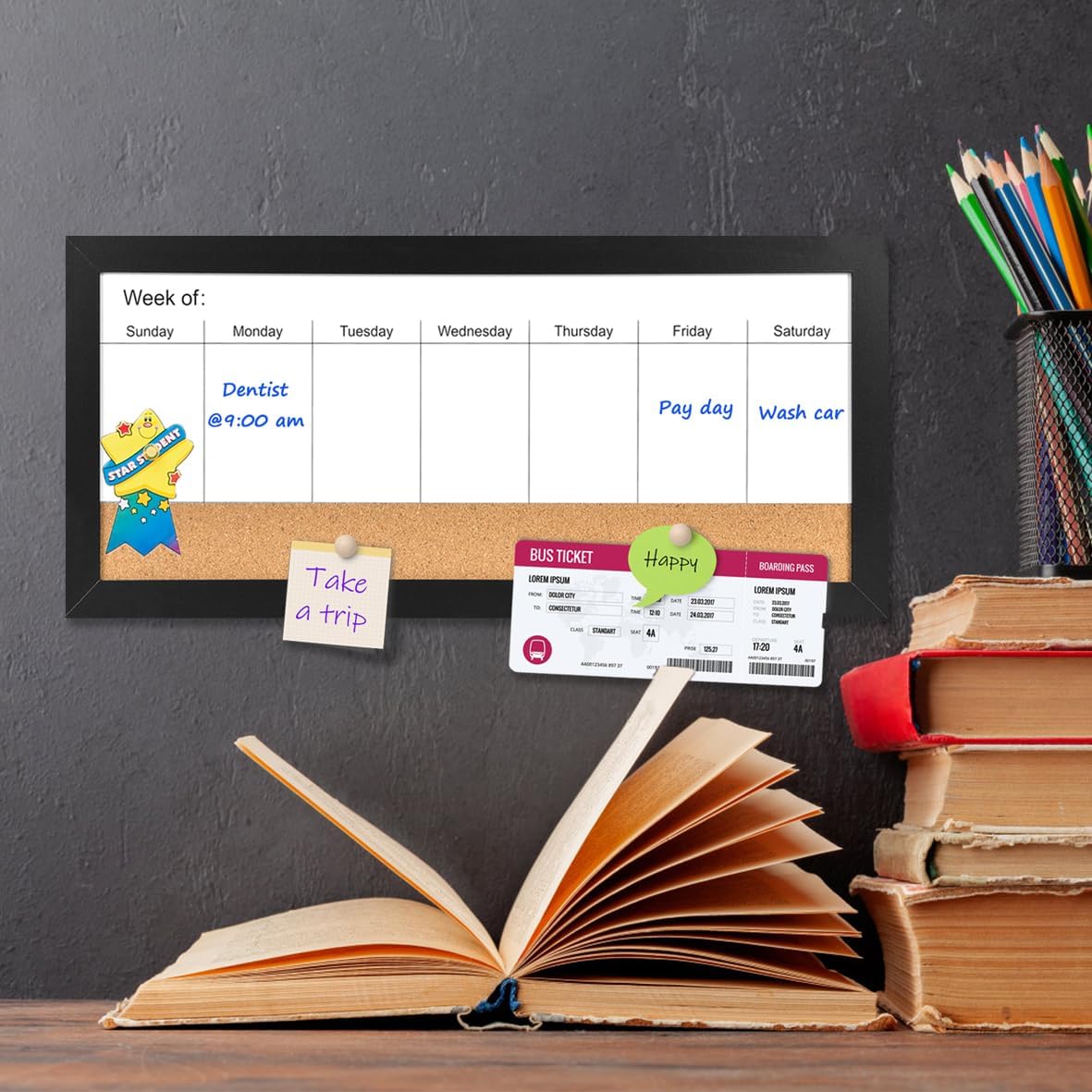 Magnetic Weekly Dry Erase White Board and Cork Board, Black Wood Frame，Magnetic Surface Whiteboard for Home Office