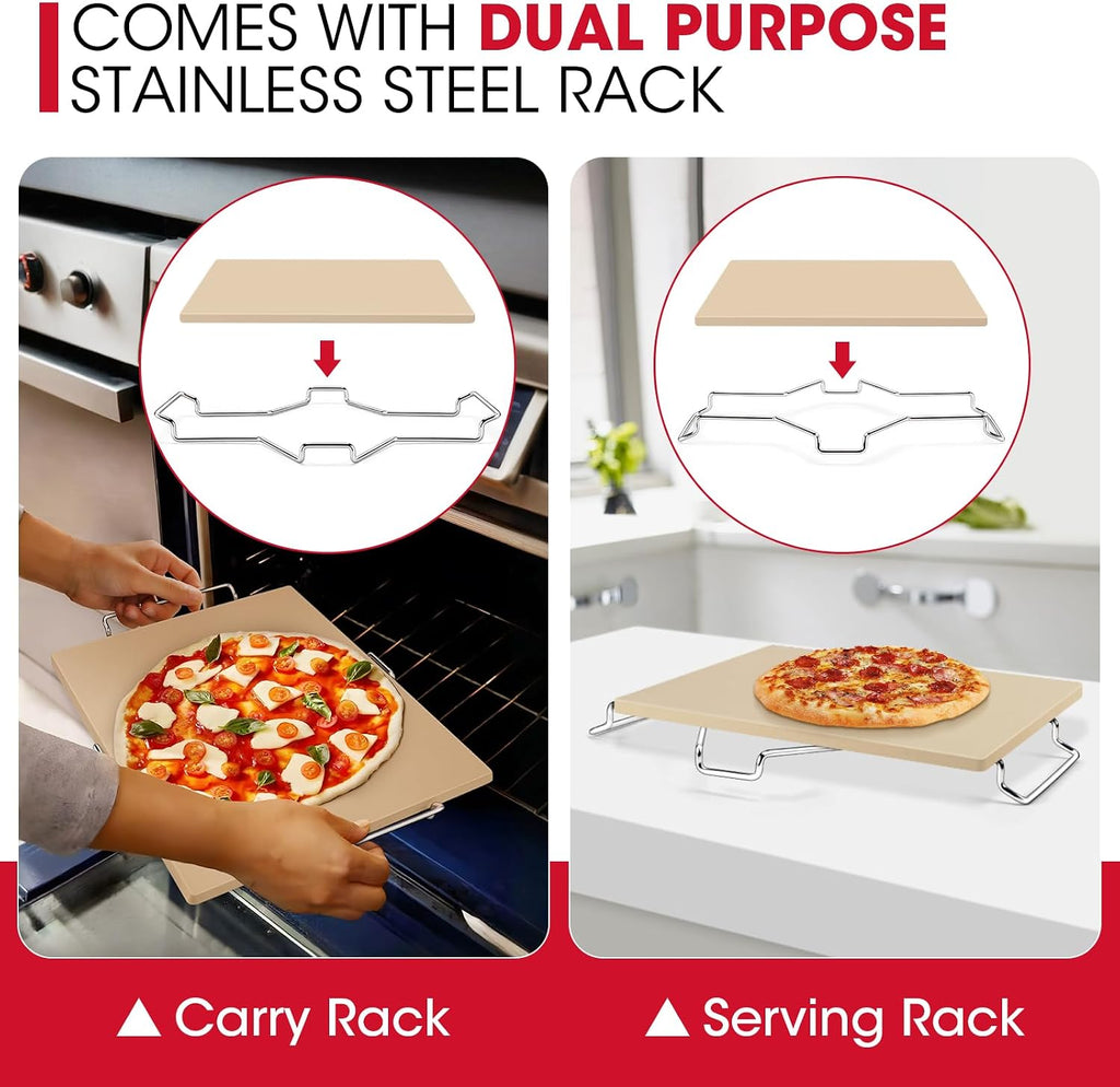 16 x 14 Inch Pizza Stone for Oven and Grill, Comes with Carry Rack