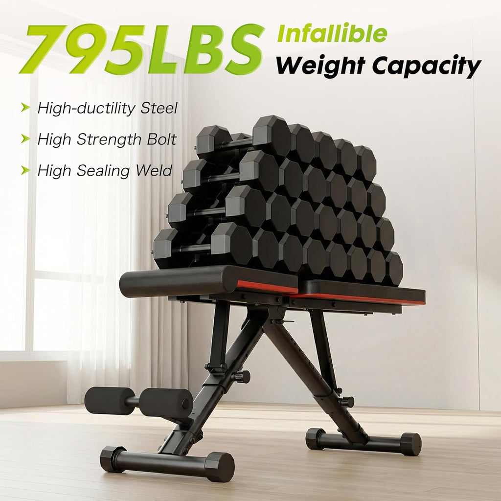 Adjustable Weight Bench for Full Body Strength Training, Foldable Workout Bench with Incline Flat Positions, 795 lbs
